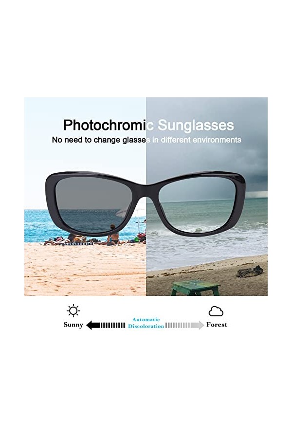 LVIOE Lunettes de soleil polarisées rétro pour femme - Style années 80 - Protection UV400, Noir photochromique