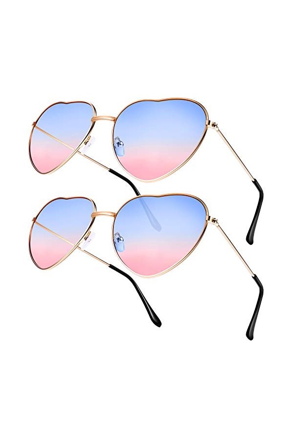 2 Paires de Lunettes Spécifications hippies Lunettes en Forme de Coeur pour Accessoire Déguisement Hippie, Cadre Or Rose Dég