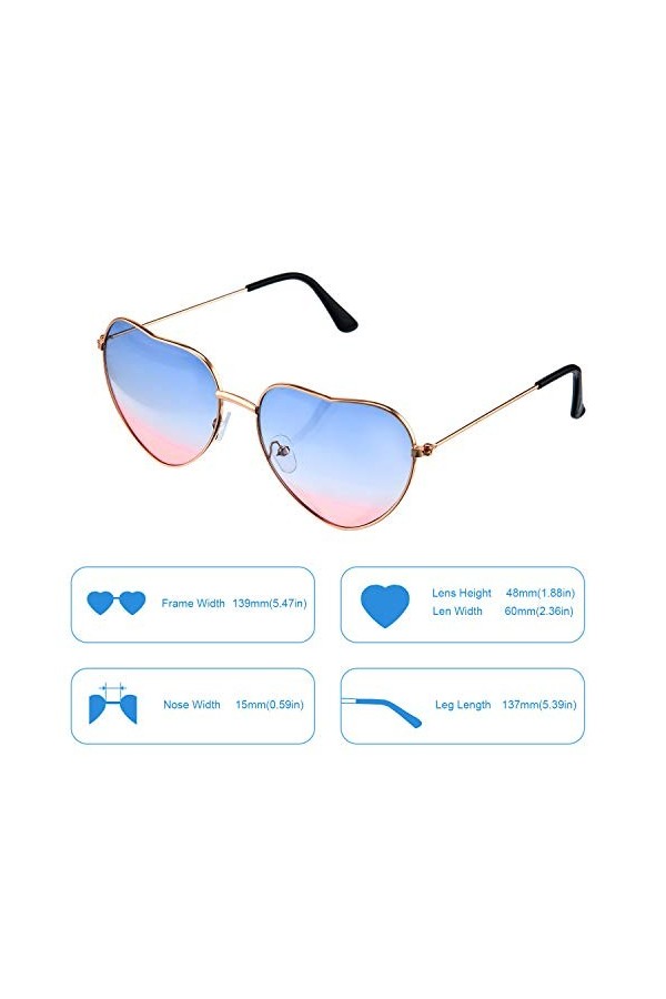 2 Paires de Lunettes Spécifications hippies Lunettes en Forme de Coeur pour Accessoire Déguisement Hippie, Cadre Or Rose Dég