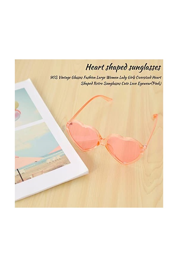 Oikabio 90S Lunettes Vintage De La Mode Grandes Femmes Dame Filles Surdimensionnées Lunettes De Soleil en De Coeur Lunettes d
