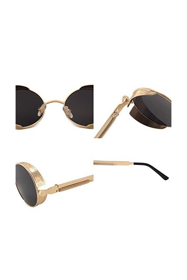 Rfeeuubft Lunettes de Soleil Rondes en Métal Femmes Lunettes de Mode Vintage Lunettes de Soleil Uv400 Or + Noir 