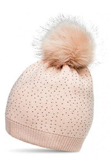 Caspar MU191 Bonnet en tricot avec pompon en fausse fourrure et paillettes pour femme, Taille:Taille unique, Couleur:rose