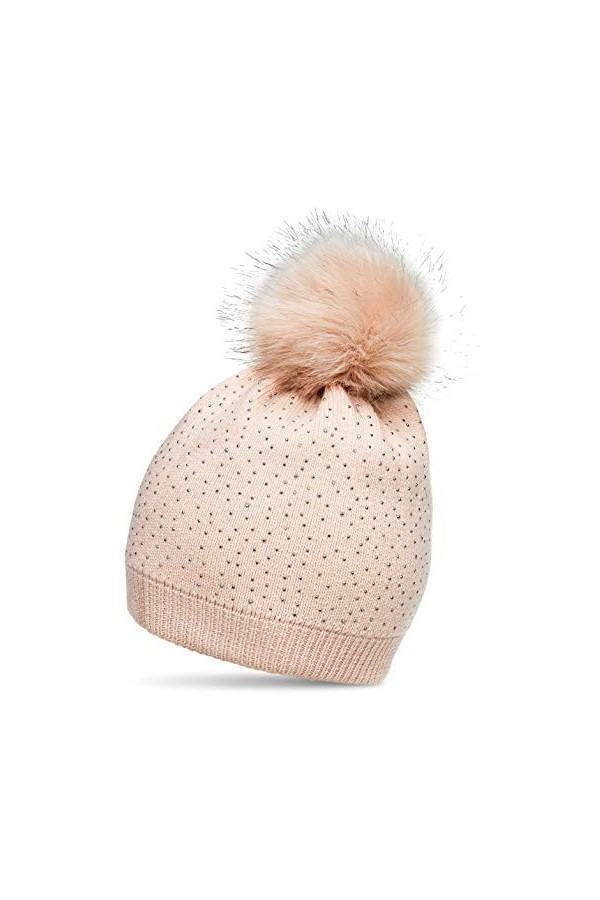 Caspar MU191 Bonnet en tricot avec pompon en fausse fourrure et paillettes pour femme, Taille:Taille unique, Couleur:rose
