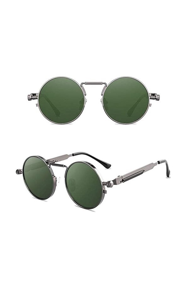 BOWTONG Lunettes de soleil rétro style punk pour homme avec monture ronde en métal - Lunettes de soleil polarisées - Protecti