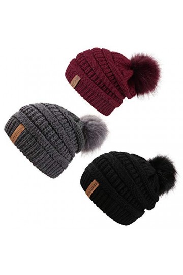 QUEENFUR Bonnet ample en tricot pour femme avec pompon en fausse fourrure - - Taille unique