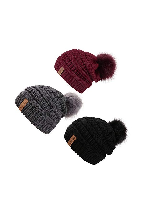 QUEENFUR Bonnet ample en tricot pour femme avec pompon en fausse fourrure - - Taille unique