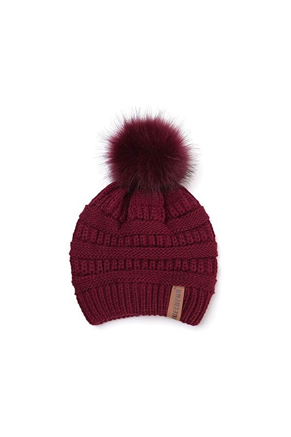 QUEENFUR Bonnet ample en tricot pour femme avec pompon en fausse fourrure - - Taille unique