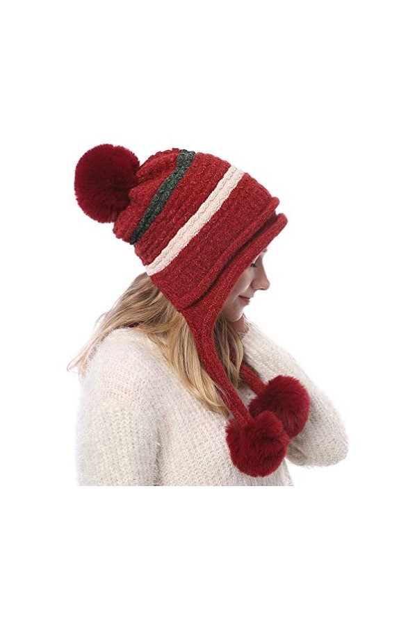 TENDYCOCO Bonnet en Tricot avec Chapeau péruvien Pom Pom Bonnet Oreille Hiver Chapeaux pour Femmes