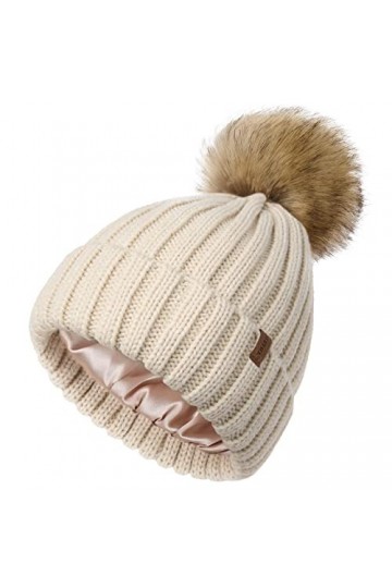 FURTALK Bonnet à Pompon pour Femmes avec Doublure en Satin pour Cheveux Bonnet dhiver avec Pompon en Fourrure synthétique
