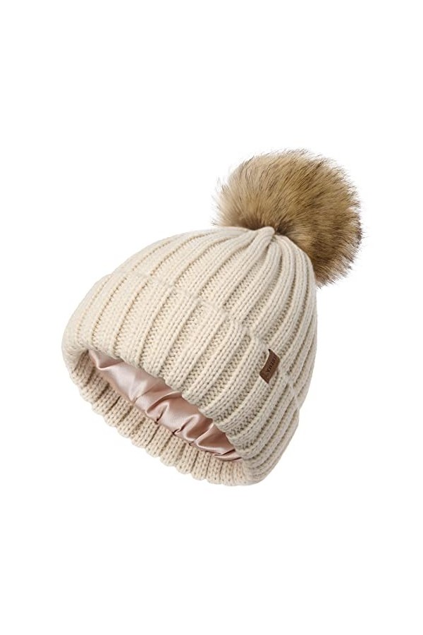 FURTALK Bonnet à Pompon pour Femmes avec Doublure en Satin pour Cheveux Bonnet dhiver avec Pompon en Fourrure synthétique