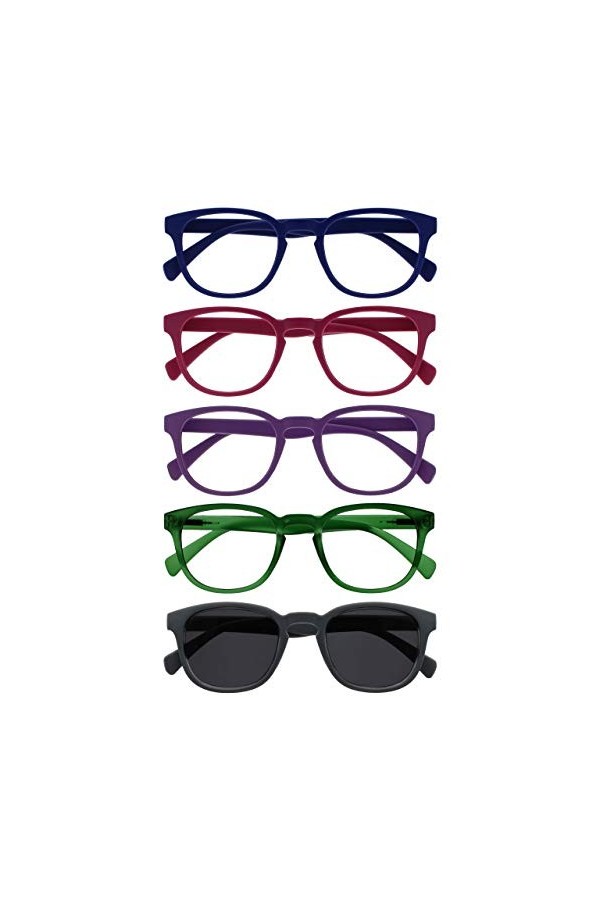 Opulize Pop Pack 5 Lunettes De Lecture Avec Lecteur Soleil Rétro Bleu Rose Pourpre Vert Gris Hommes Femmes RRRRS2-34567 +2,50