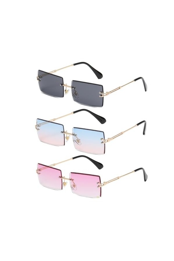 3 paires de lunettes de soleil sans cadre pour femmes, lunettes de soleil rectangulaires vintage, lunettes de protection unis