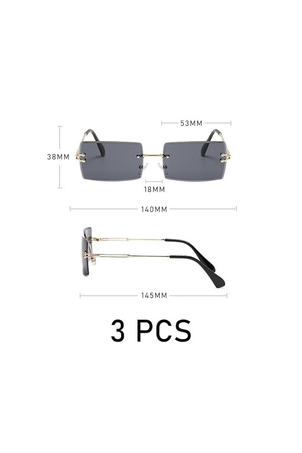 3 paires de lunettes de soleil sans cadre pour femmes, lunettes de soleil rectangulaires vintage, lunettes de protection unis