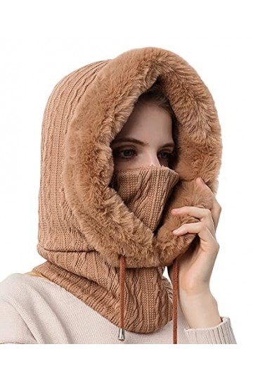 FEOYA 2 en 1 Bonnet Femme Hiver Bonnet Cagoule Femme Hiver Cache Cou en Tricot Coupe-Vent Chapeau Balaclava