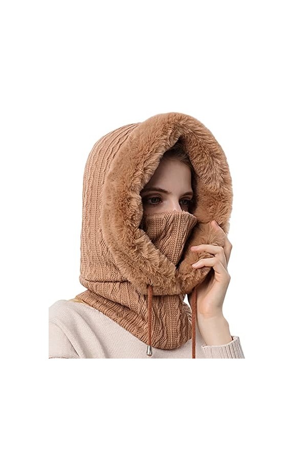 FEOYA 2 en 1 Bonnet Femme Hiver Bonnet Cagoule Femme Hiver Cache Cou en Tricot Coupe-Vent Chapeau Balaclava