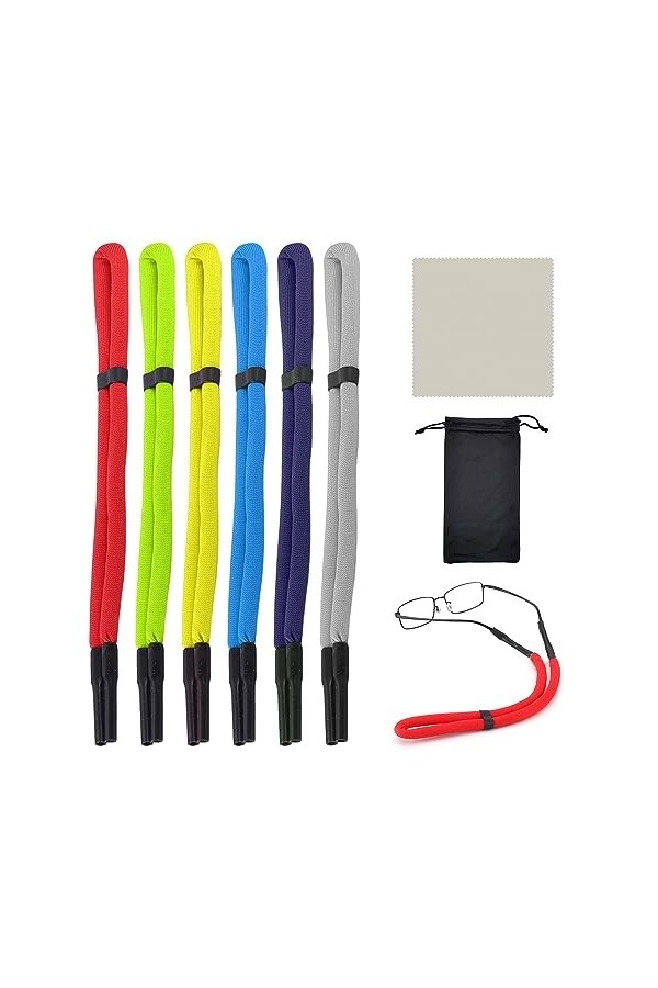 ATBUSS 6 Cordons Élastiques Pour Lunettes,1 Chiffon Gris Pour Lunettes,1 Sac En Tissu Noir，Cordon Pour Lunettes Réglable,Sang