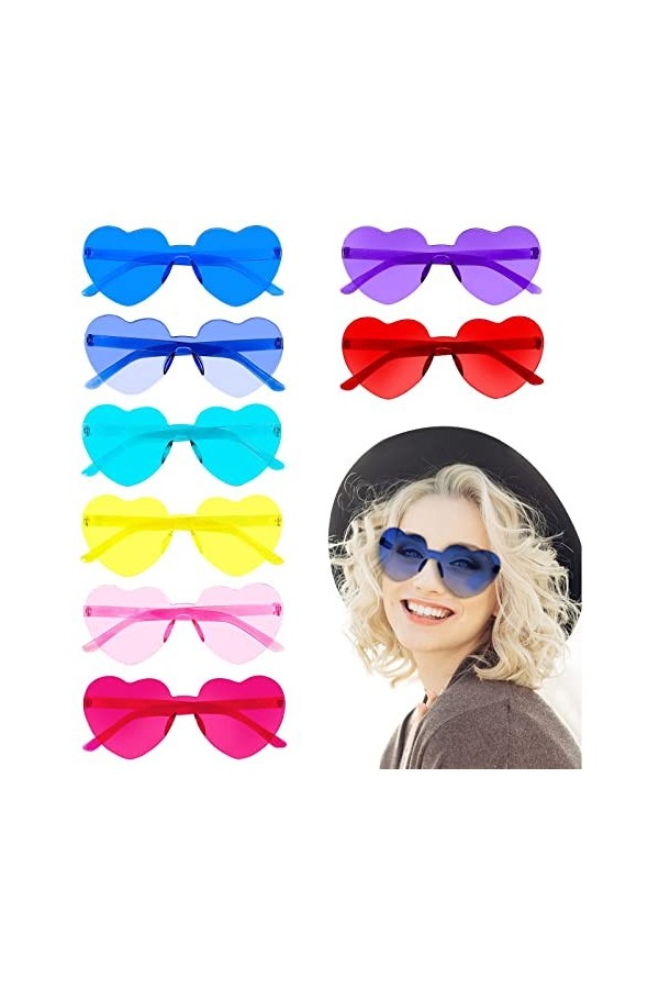 Lot de 8 lunettes de soleil en forme de cœur - Lunettes de fête rétro - Lunettes de fête colorées sans bordure - Lunettes de