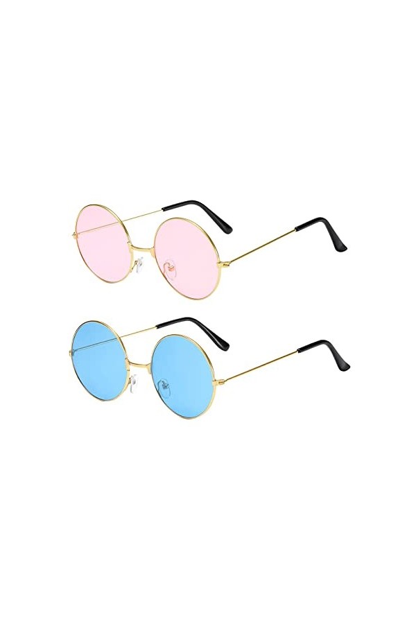 Nuonove Lunettes de soleil hippie - Lunettes de soleil rondes - Style années 60 - Lunettes de soleil rondes colorées - 2 pièc