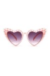 Long Keeper Lunette de Soleil Femme en Forme de Coeur avec Perles Vintage Lunettes Coeur Retro lunettes Fête Mode pour Femme 