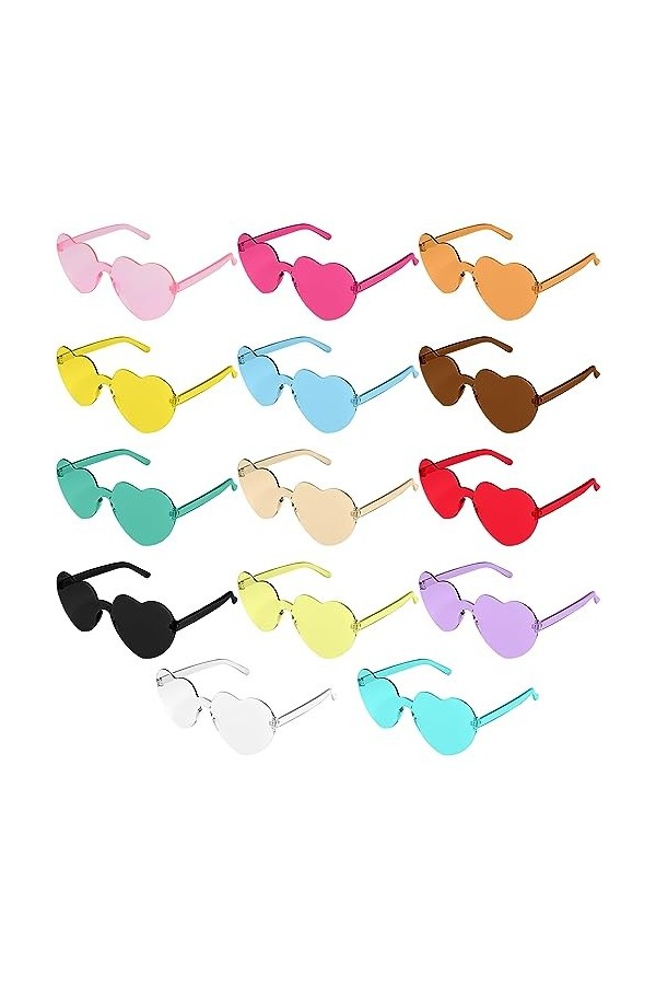 Alikiai Lot de 16 paires de lunettes de soleil sans monture en forme de cœur - Transparentes - Couleur bonbon - Pour enterrem