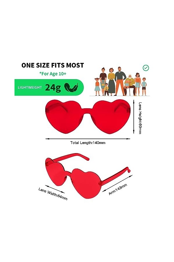 Alikiai Lot de 16 paires de lunettes de soleil sans monture en forme de cœur - Transparentes - Couleur bonbon - Pour enterrem