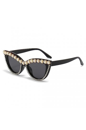LJCZKA Lunettes de Soleil Femme avec Perles Vintage Lunettes de Soleil Perles Œil de Chat Femme Protection UV