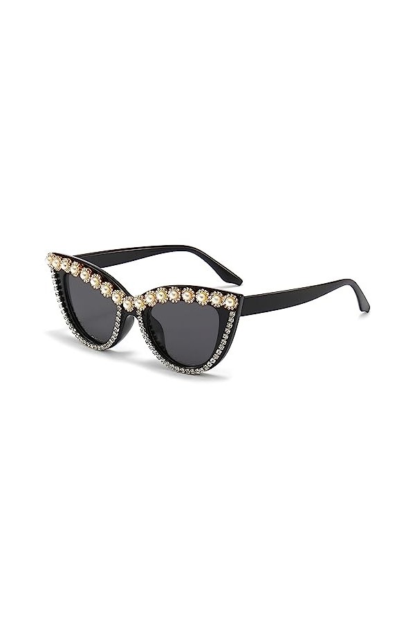 LJCZKA Lunettes de Soleil Femme avec Perles Vintage Lunettes de Soleil Perles Œil de Chat Femme Protection UV