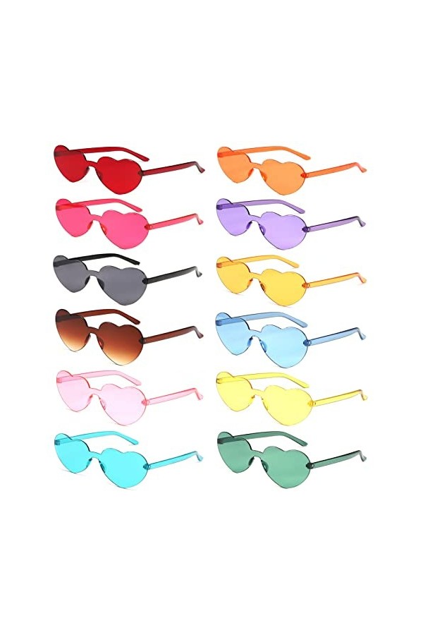 12 Paires de Lunettes en Forme de Cœur hippie rétro, Lunettes de Soleil en Forme de Coeur, Lunettes de Fête, Lunettes de Sole