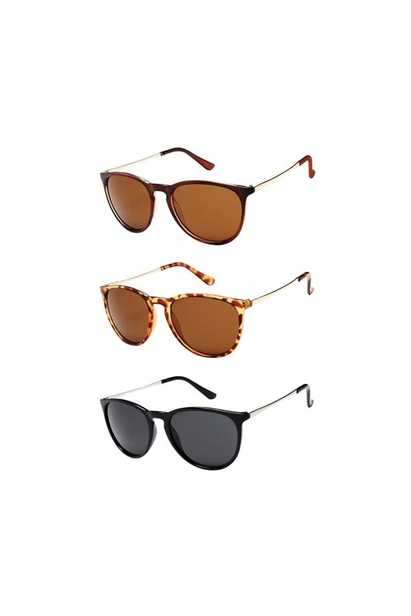 SKHAOVS 3pieces lunettes de soleil unisexes, rondes vintage pour femmes, monture en métal, lunettes de soleil rétro polarisée