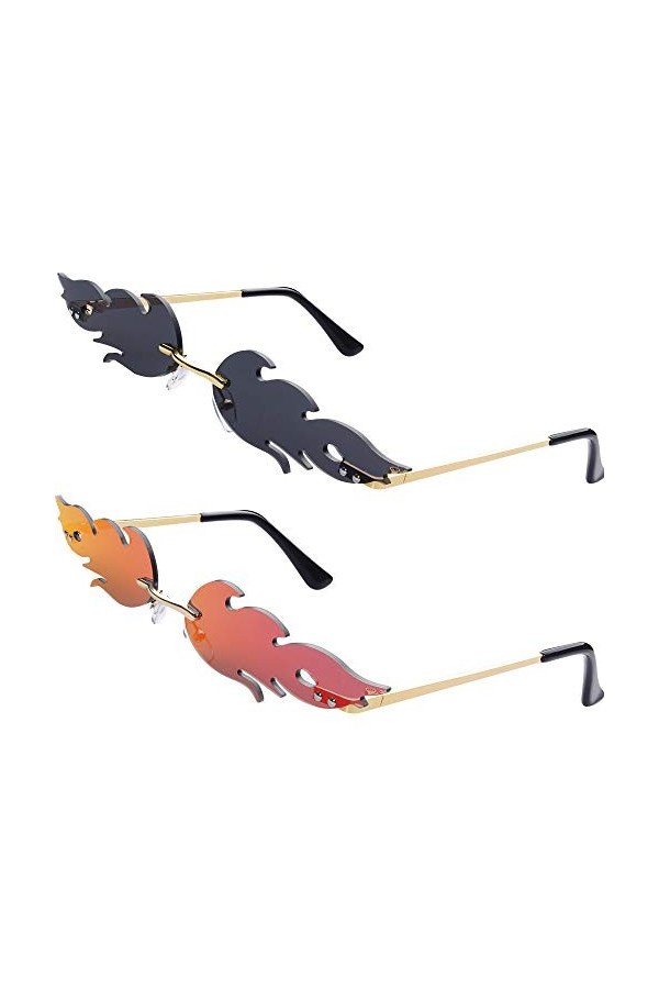 Haihen 2 Paires À La Mode Élégant Flamme Lunettes De Soleil Sans Monture Couleur Miroir Feu Flamme Forme Lunettes pour Hommes