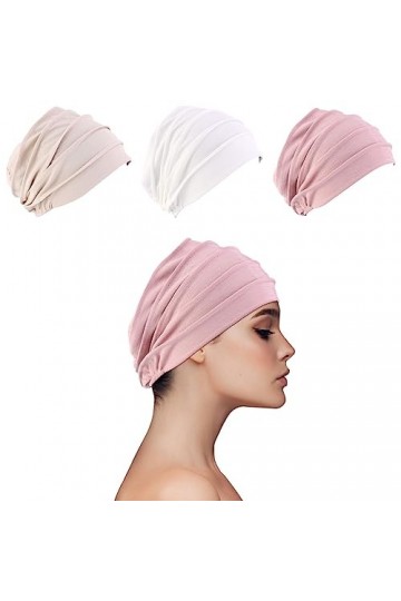 Ever Fairy Bonnet de chimio en coton pour femme - Bonnet doux pour femme - Bonnet de chimiothérapie musulmane, Beige + blanc 