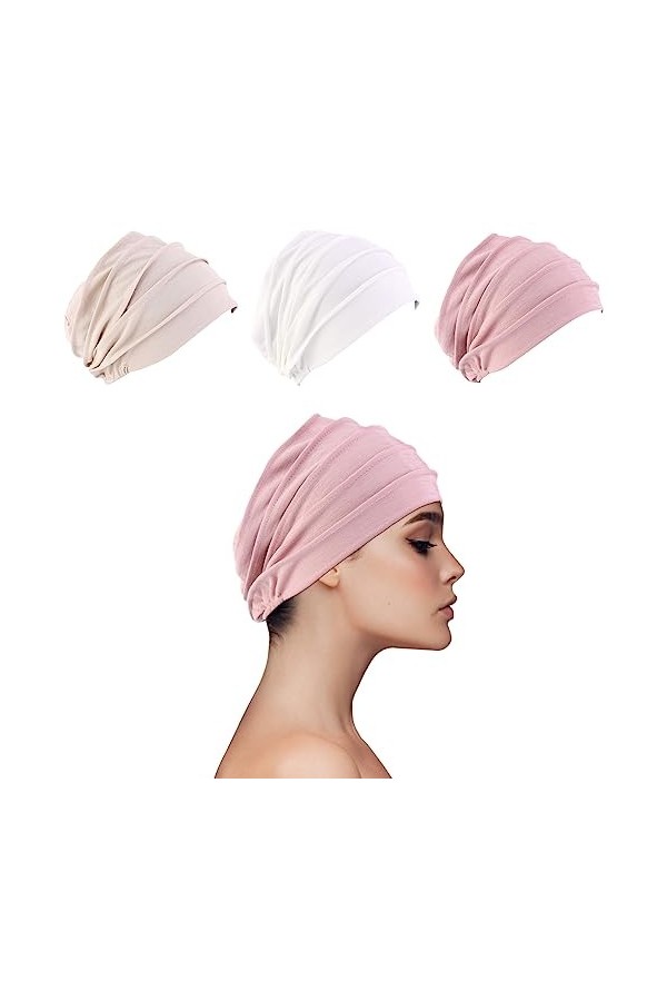Ever Fairy Bonnet de chimio en coton pour femme - Bonnet doux pour femme - Bonnet de chimiothérapie musulmane, Beige + blanc 
