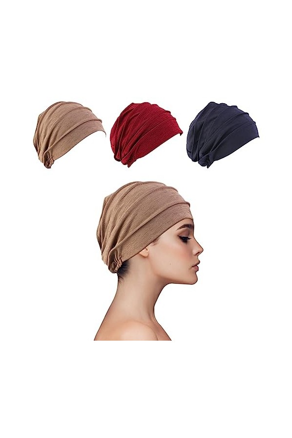 Ever Fairy Bonnet de chimio en coton pour femme - Bonnet doux pour femme - Bonnet de chimiothérapie musulmane, Beige + blanc 