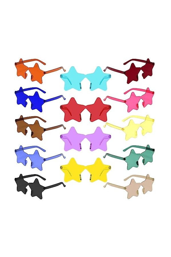 14 Paires HD Lunettes de Fête, Verres de Fête , Lunettes de Soleil Sans Monture en Forme détoile, Lunettes Vintage Hippie de