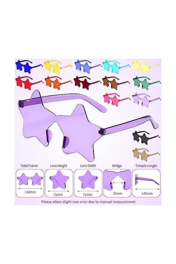 14 Paires HD Lunettes de Fête, Verres de Fête , Lunettes de Soleil Sans Monture en Forme détoile, Lunettes Vintage Hippie de