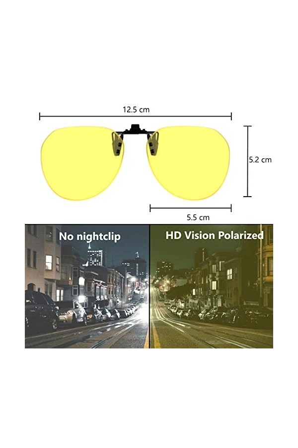 CREYESTAL Clip Lunettes Conduite de Nuit Polarisées, Anti-Eblouissement et Ultra léger, Surlunettes Verres Jaunes, Homme, Fem