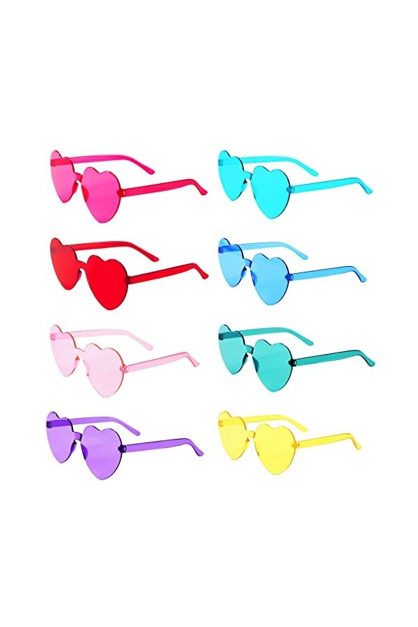 Berkelen Lunettes de Soleil en Forme de Coeur 8 Paires Lunettes Fête en Forme de Cœur Multicolores Lunettes Transparentes San
