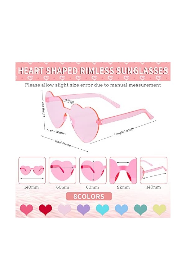 Berkelen Lunettes de Soleil en Forme de Coeur 8 Paires Lunettes Fête en Forme de Cœur Multicolores Lunettes Transparentes San