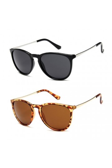 PSOWQ Lunettes de soleil 2 pièce femme polarisées rétro rondes style designer vintage protection UV400 - noir/imprimé léopard