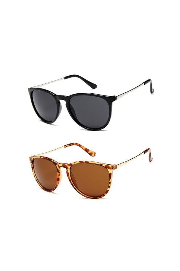 PSOWQ Lunettes de soleil 2 pièce femme polarisées rétro rondes style designer vintage protection UV400 - noir/imprimé léopard
