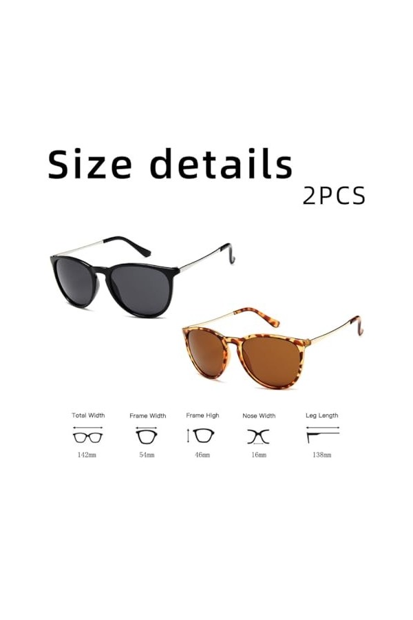 PSOWQ Lunettes de soleil 2 pièce femme polarisées rétro rondes style designer vintage protection UV400 - noir/imprimé léopard