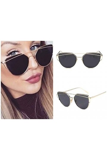 Lunettes de soleil avec effet miroir et miroir pour femme - Motif œil de chat - Or - Large