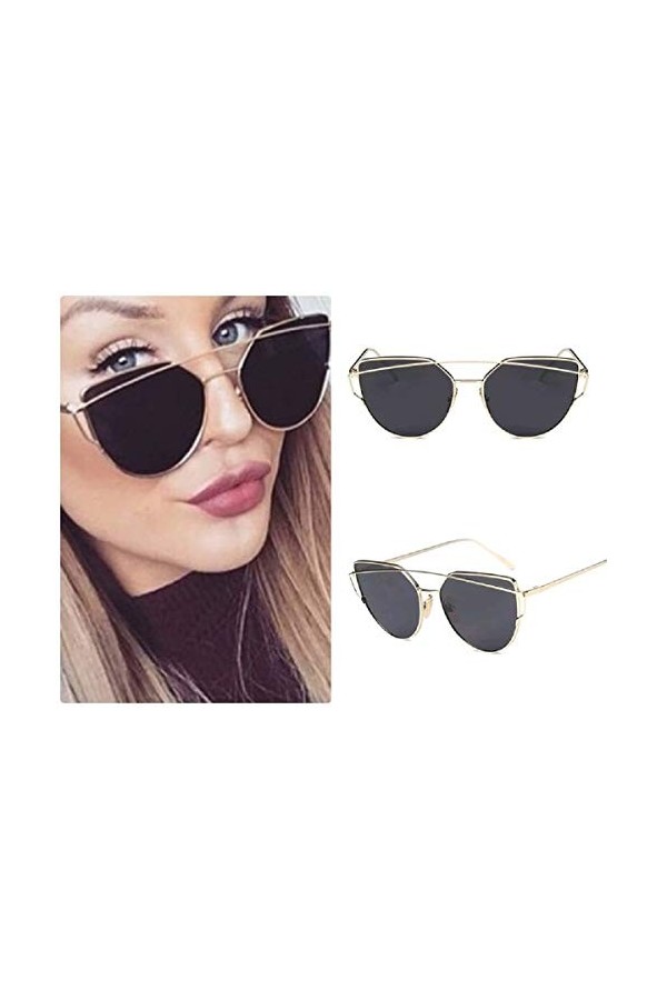 Lunettes de soleil avec effet miroir et miroir pour femme - Motif œil de chat - Or - Large