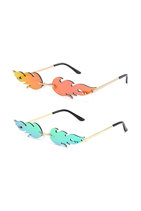 YUIP Lunettes de Soleil sans Monture 2 PCS Lunettes de Soleil en Forme de Flammes UV400 Rimless Lunettes De Soleil pour Anniv