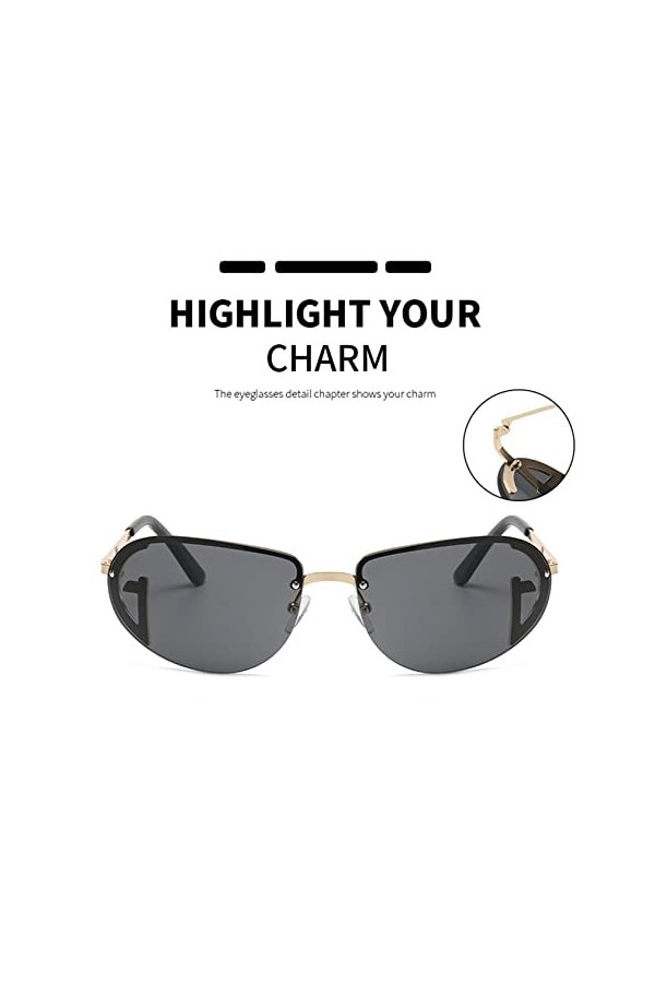 YAMEIZE Petites lunettes de soleil rectangulaires sans monture pour homme et femme, protection UV400, Gris doré.