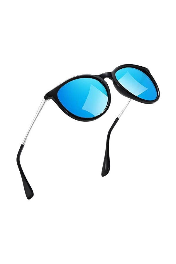 kunchu Lunettes de soleil unisexes polarisées œil de chat pour femme, monture en métal pour homme et femme, Cadre noir et puc