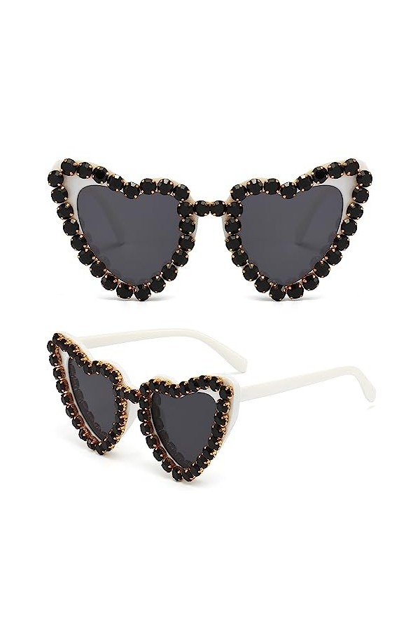 GLGHMH Lunettes de soleil vintage en forme de cœur en diamant, tendance avec strass et œil de chat pour filles, femmes, shopp