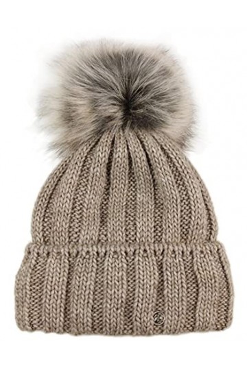 Ever Bloom Bonnet tricoté pour femme avec pompon en fourrure synthétique amovible, fabriqué en UE - Bonnet à pompon - Bonnet 