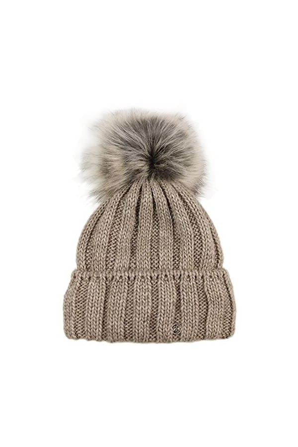 Ever Bloom Bonnet tricoté pour femme avec pompon en fourrure synthétique amovible, fabriqué en UE - Bonnet à pompon - Bonnet 