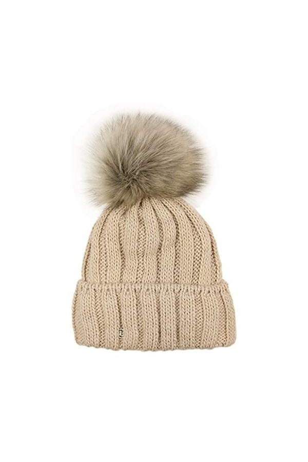 Ever Bloom Bonnet tricoté pour femme avec pompon en fourrure synthétique amovible, fabriqué en UE - Bonnet à pompon - Bonnet 
